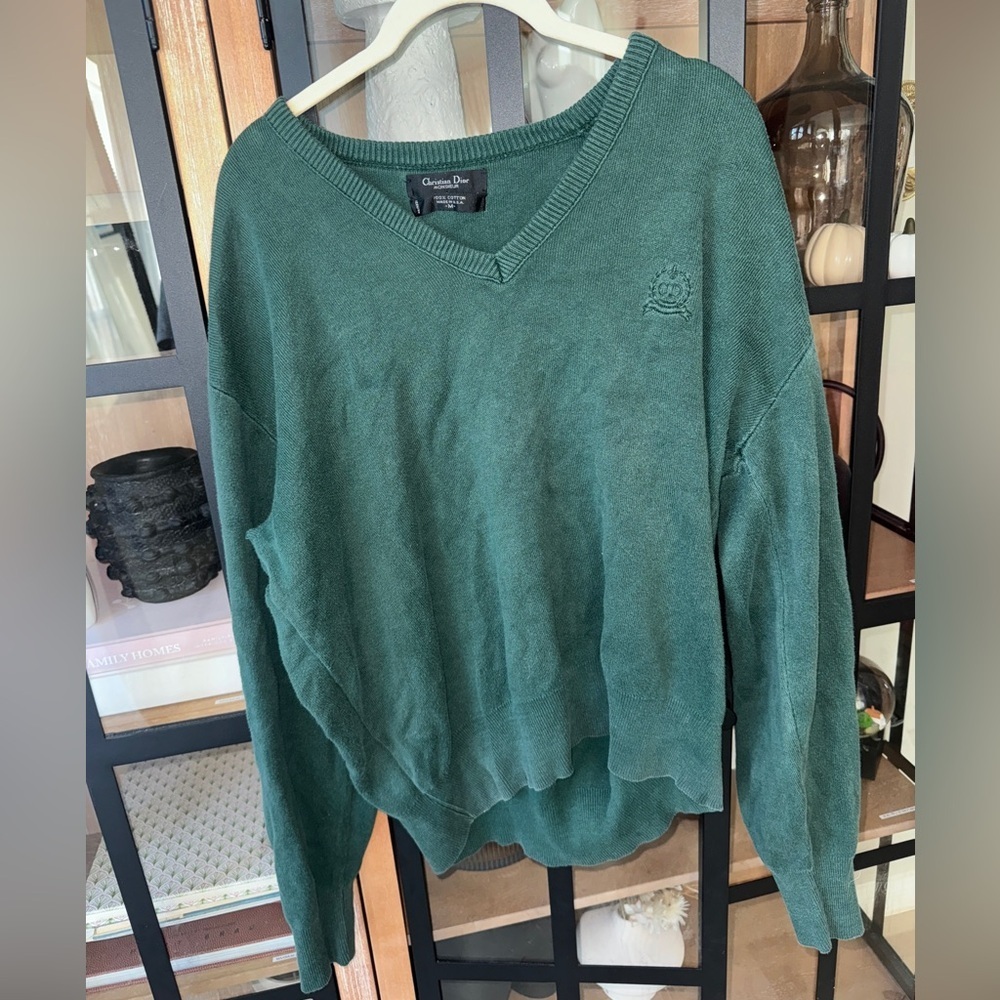Vintage Christian Dior Monsieur sweater embroidered crest ribbed forest green